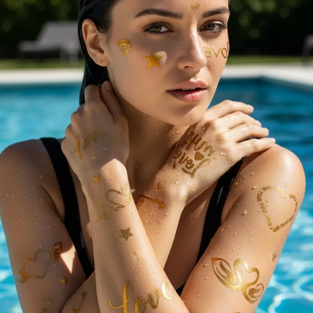 

Water Transfer Gold Stamping Tattoo Stickers Instant Fake Temporary Tattoo Gold Waterproof Body Art Sticker Finger Hand Legs Arm