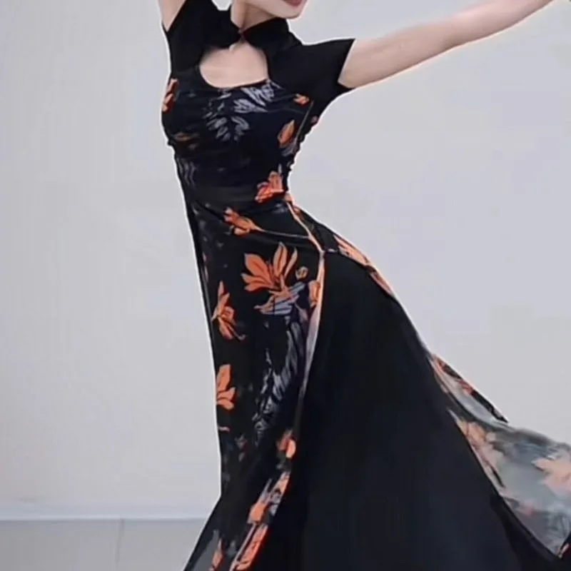 new-black-printed-classical-dance-dress-cheongsam-improved-new-chinese-style-style-republic-china-era-slimming-slimming-fashion