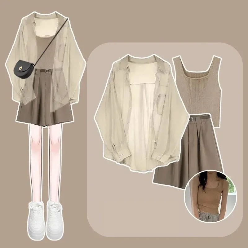 2024 Zomer Nieuwe Chiffon Zonnebrandcrème Shirt Blouse + Vest + Pak Korte Driedelige Koreaanse Elegante Casual Bijpassende Set vrouwen Chic Kleding