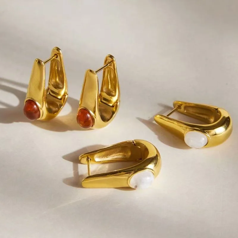 

Retro Style Resin Embedded Stainless Steel Gold Color U-Shaped Earrings for Women Elegant Minimalist Design Daily Commute Versat