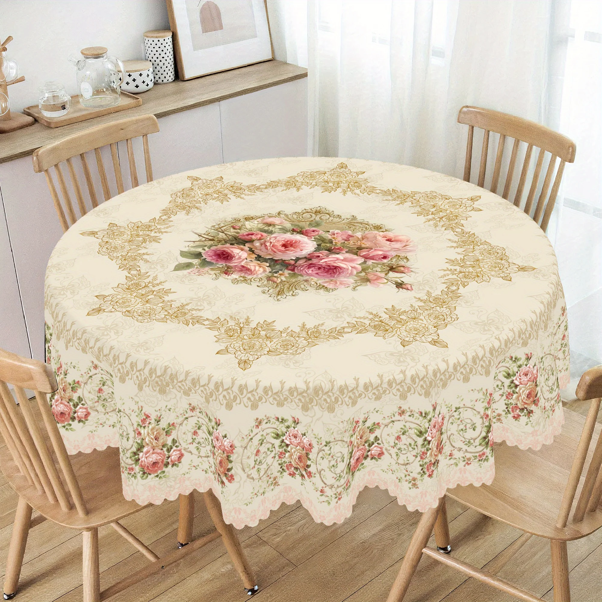 Retro and elegant floral tablecloth, featuring pink roses and hydrangeas, is perfect for spring and summer home decoration.