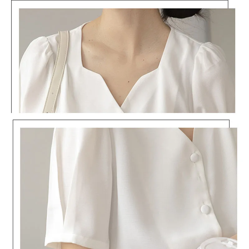 2022 New Summer French Square Neck Bubble Short Sleeve Chiffon Blouse Women\'s White Shirt Vintage Tops Solid Blusas Yellow 2815