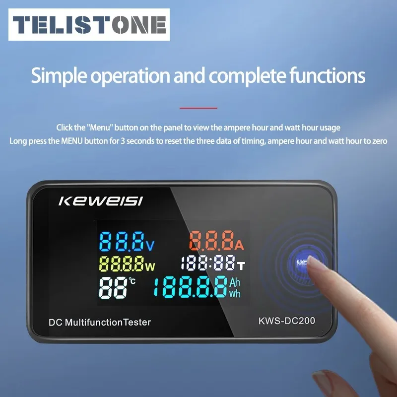 デジタル電圧計KWS-DC200,電力計,LEDカラーディスプレイ,ワットメーター,7つの機能,0〜200v,電圧0〜10 a,50 a,100a