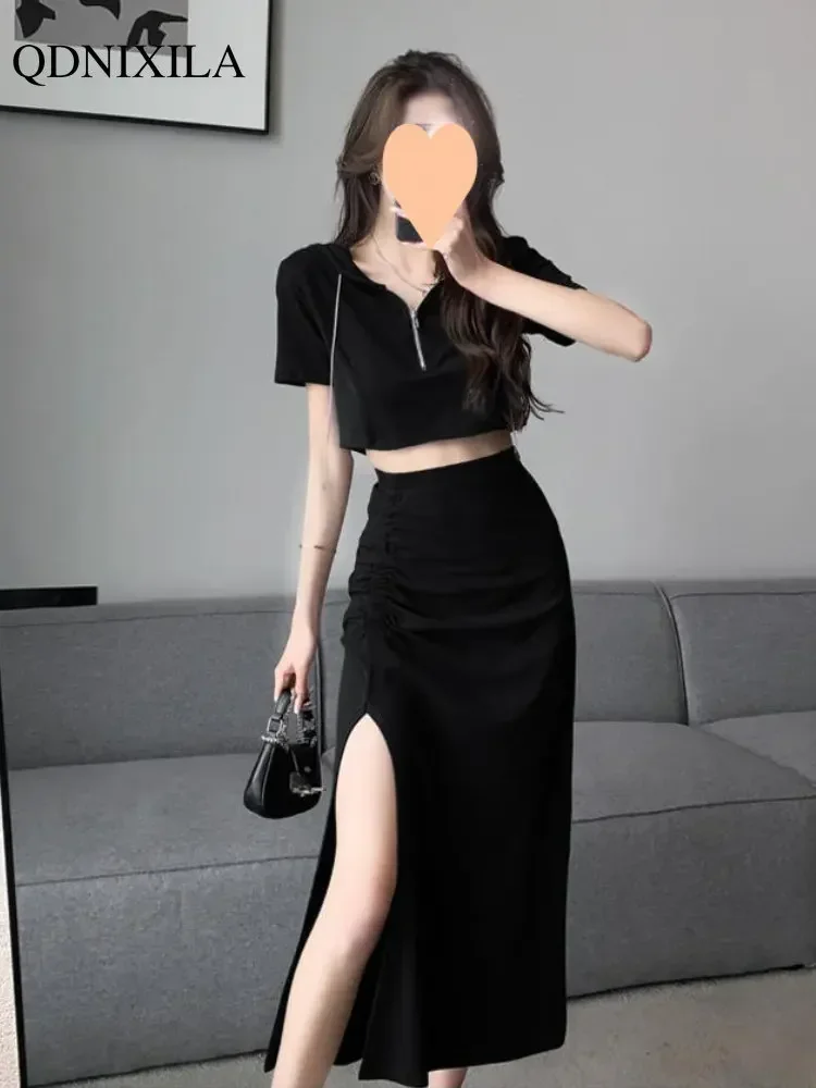 

Summer Women's Skirts Suit Korean Hot Girl Hooded Short Sleeve Top Hight Waist Folds Slit Skirt New In Matching Sets 2Piece Sets