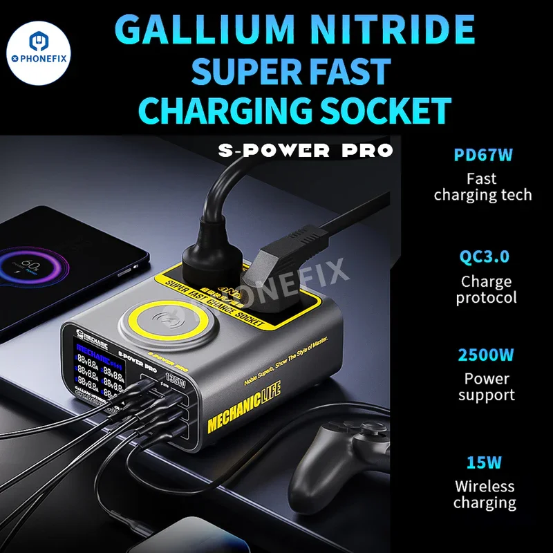 MECHANIC S-POWER Gallium nitride Super Fast Charging Socket Charging Station 15W Wireless Quick Charge AC100V-240V Input Voltage