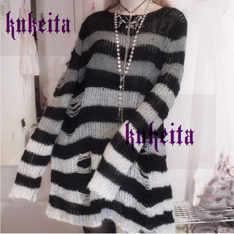 Kukeita Women Sweater Gothic Grunge Striped Knitted Long Pullover Loose Punk Sweater Hole Broken Jumpers Mujer Rock Streetwear