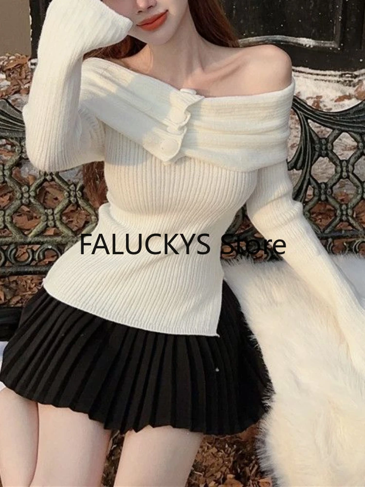 2023 Autumn French Elegant Knitted Sweater Office Lady Casual Long Sleeve Blouse Women Party Sexy Y2K Top Korean Fashion Chic