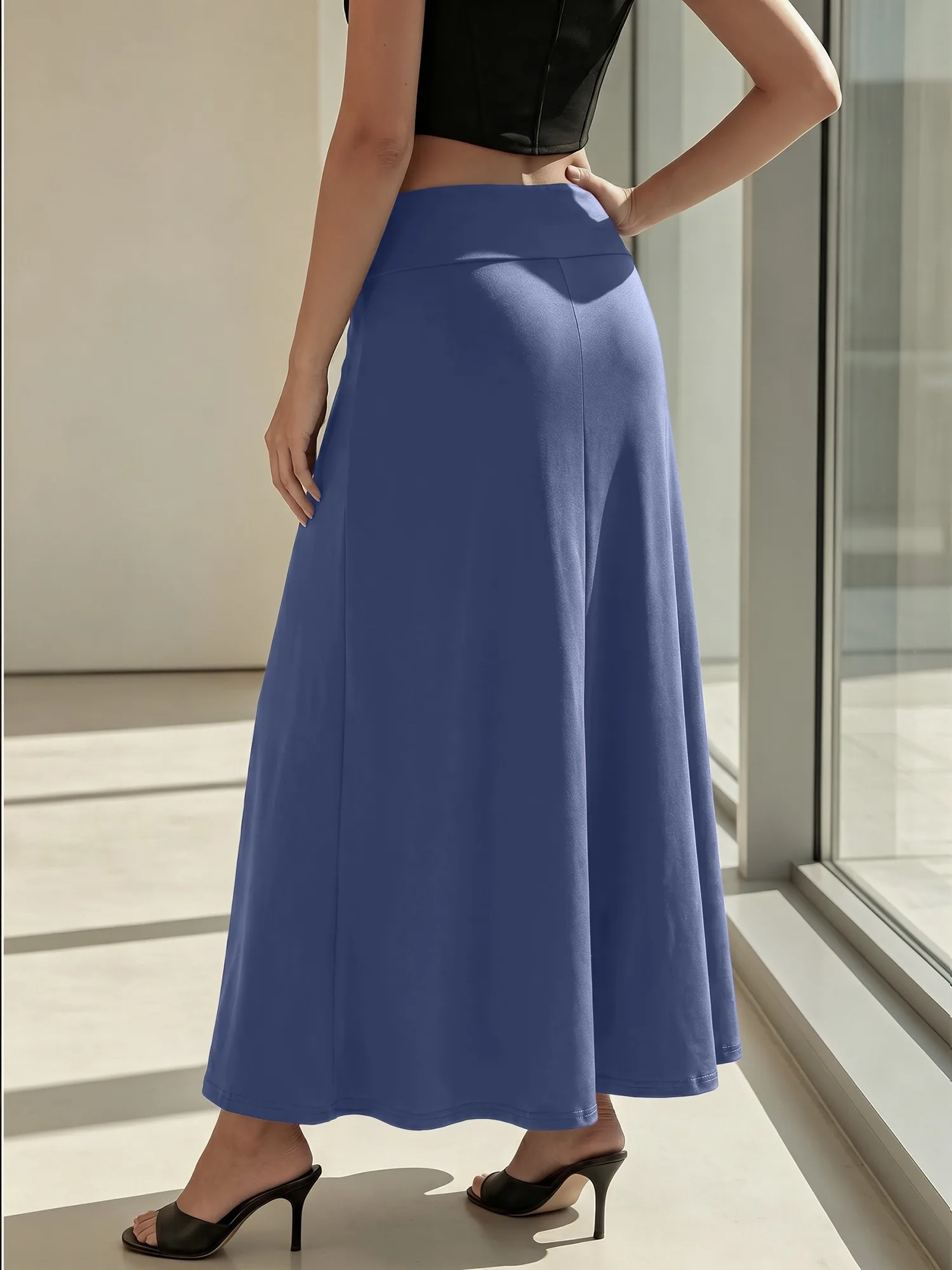 Daily Streetwear Ladies High‑waist A‑Line Maxi Skirt Solid Soft Knit Swing Long Skirt Elastic Wide Waistband Skirts