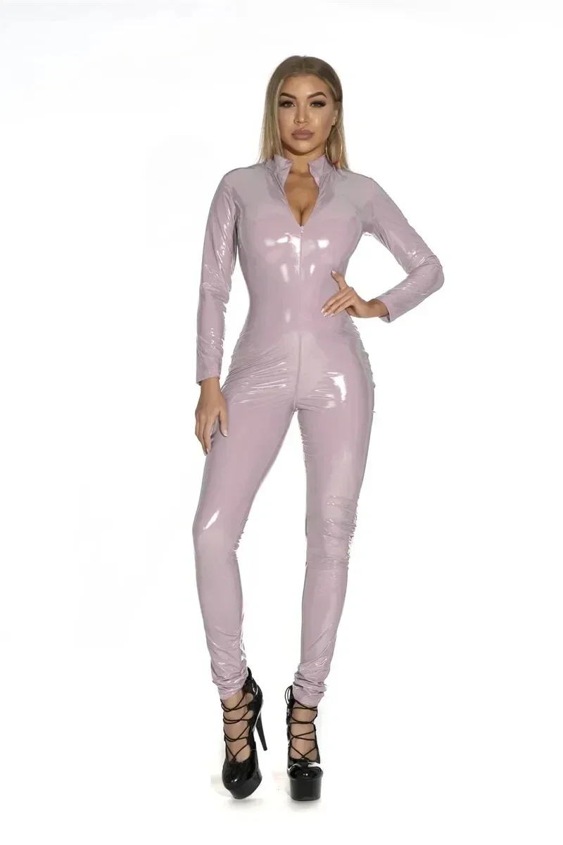 PVC Latex Bodysuit Front Zipper Open Crotch Latex Jumpsuits Sexy Women Faux Leather Catsuit Stretch PU Bodysuit