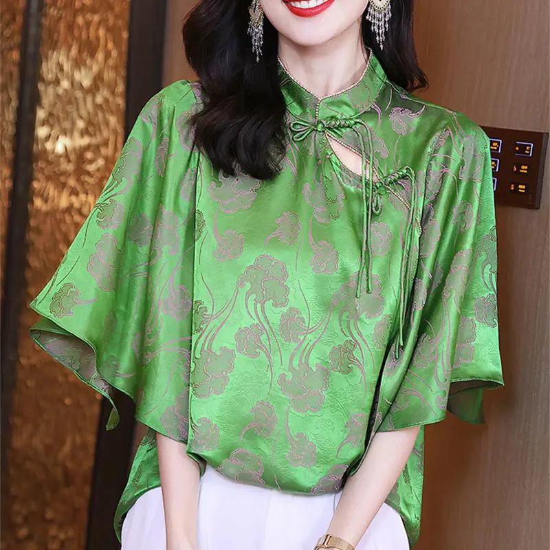 Femme Chinese Style Printing Silk Half Sleeve Stand Collar Blouse Autumn Office Lady Buttons Women Shirts Simplicity Lacing Tops