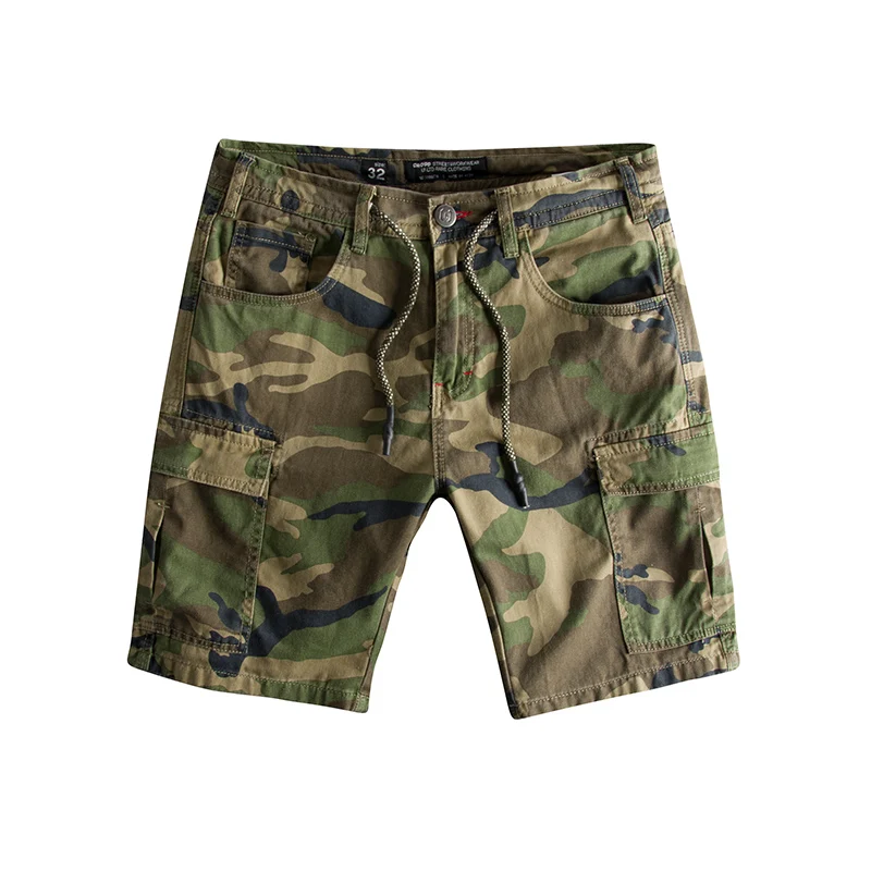 Summer New American Retro Camouflage Cargo Shorts Men\'s Fashion 100% Cotton Washed Drawstring Multi-pocket Casual 5-point Pants