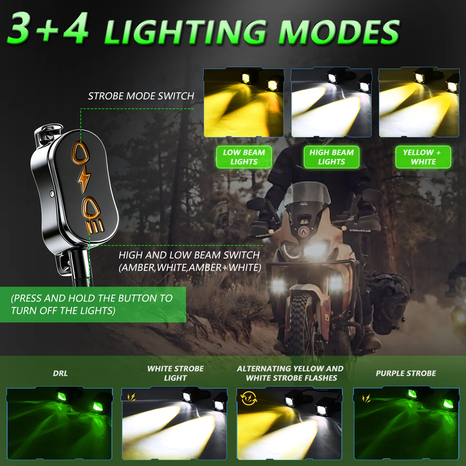 2 Pcs Super Bright Motorcycle LED Spotlight White Yellow Green Beam DRL 40W 4000LM 7 Mode Auxiliary Driving Lamp Fog Work Lights