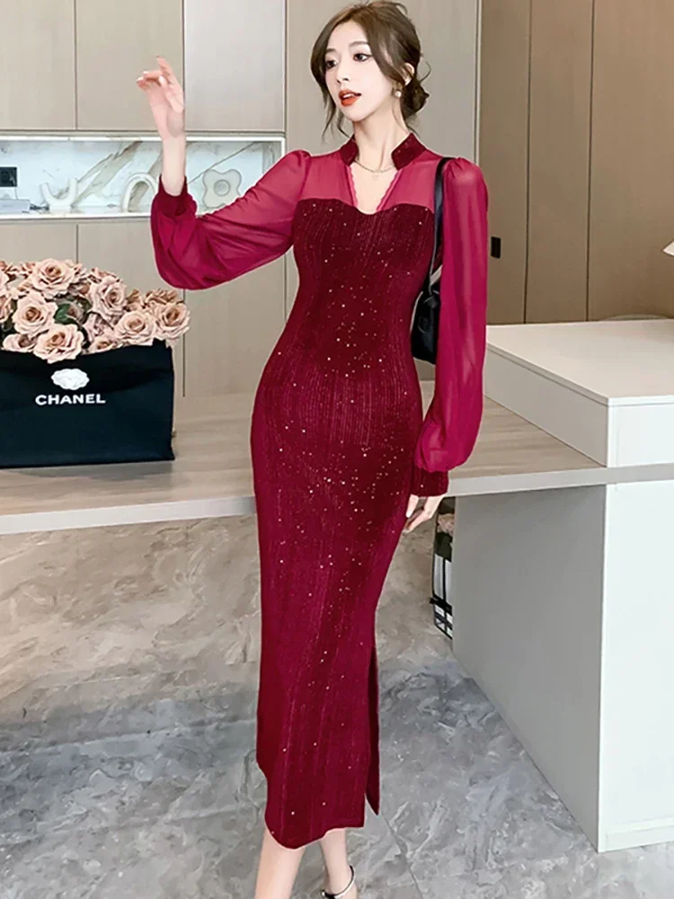 Women Korean Vintage Hepburn Prom Dresses Autumn Winter Black Velvet Sequins Patchwork Dress 2024 Elegant Bodycon Evening Dress