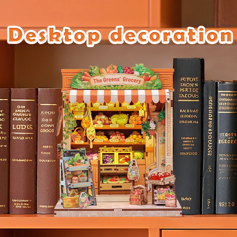 CUTEBEE Kit angolo libro fai-da-te Modello in miniatura Casa delle bambole in legno con inserto per libreria a luce LED Negozio di frutta per la spesa verde