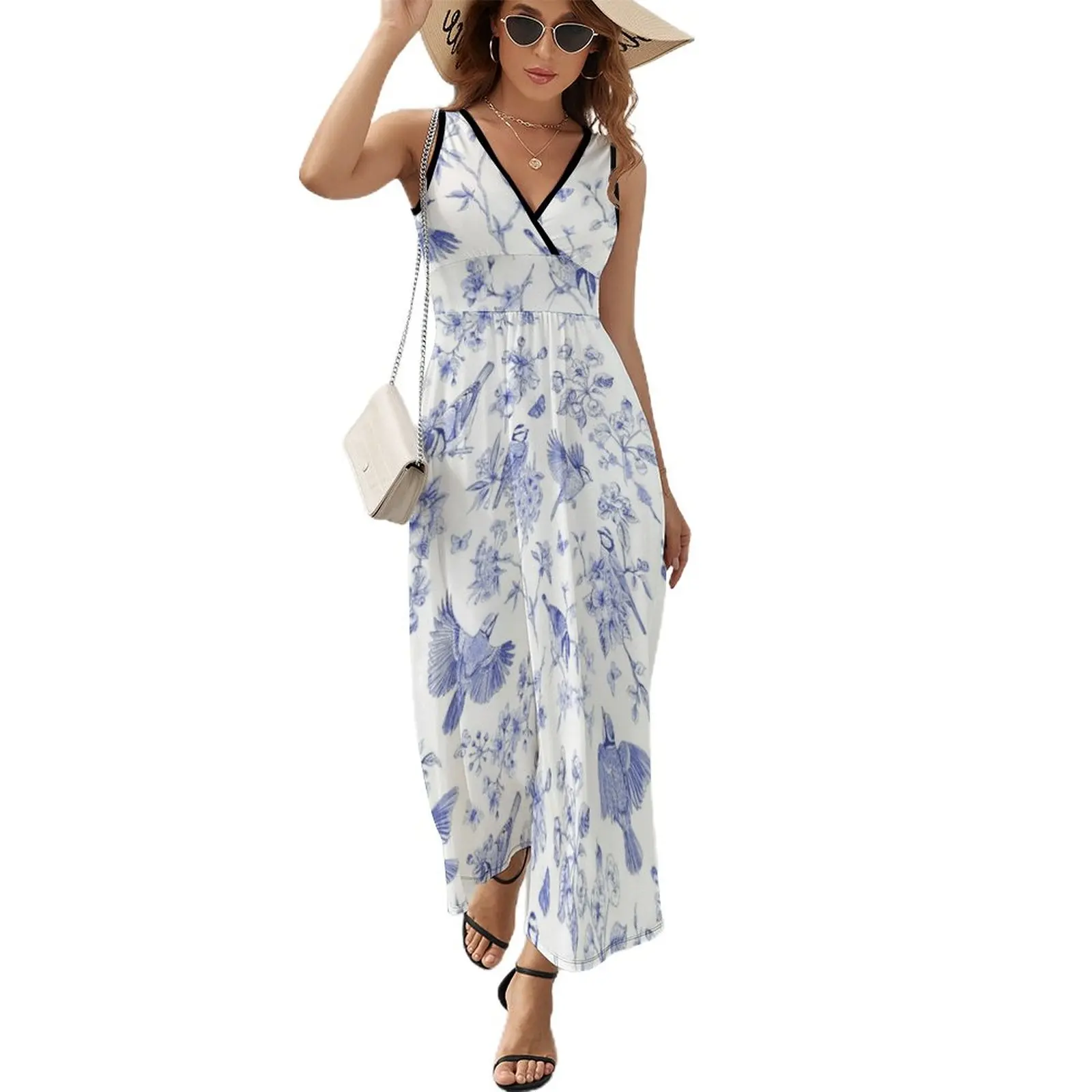 Toile de Jouy Pattern Sleeveless Dress beach outfits for women Bride dresses