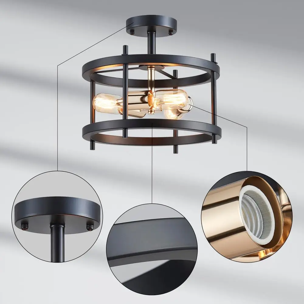 Afbeelding 4: Mossi industriële zwarte plafondlamp met gouden accenten, 3-lichts semi-inbouw plafondlamp, moderne vintage E27 Chand