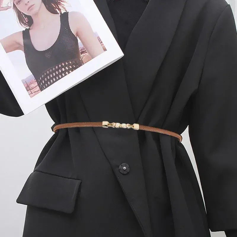 Women's Versatile And Sophisticated Thin Belt With Buckle Stylish Waist-cinching Pearl Leather Belt