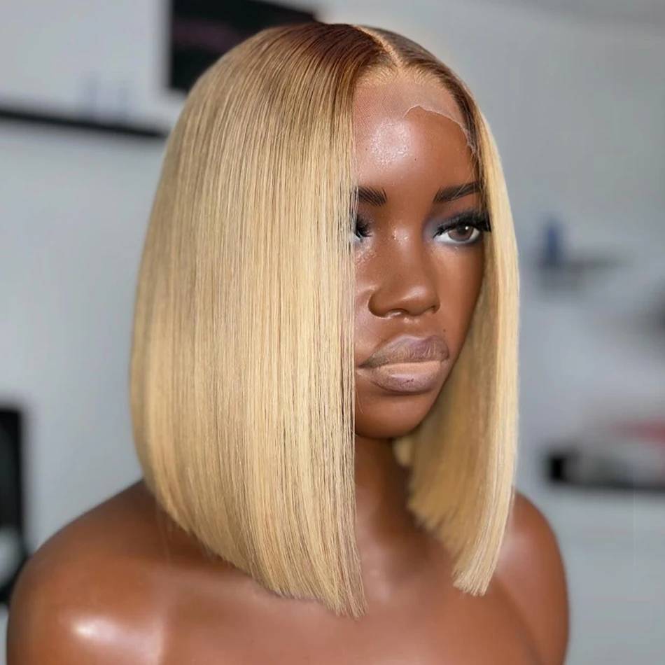 

Highlight Ombre Ash Blonde 200% Brazilian Straight Short Bob Wigs 13x4 Transparent Lace Frontal Wig Human Hair Pre Plucked