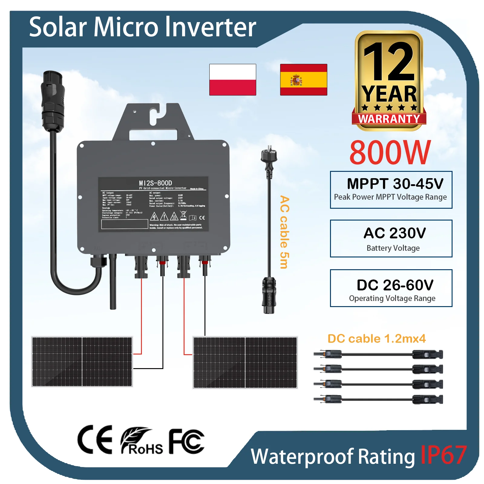 800W Solar-Netzwechselrichter 26-60V DC 230V AC IP67 mit integriertem WLAN für Haus-PV-Netz, Mikro-Wechselrichter mit 12 Jahren Garantie
