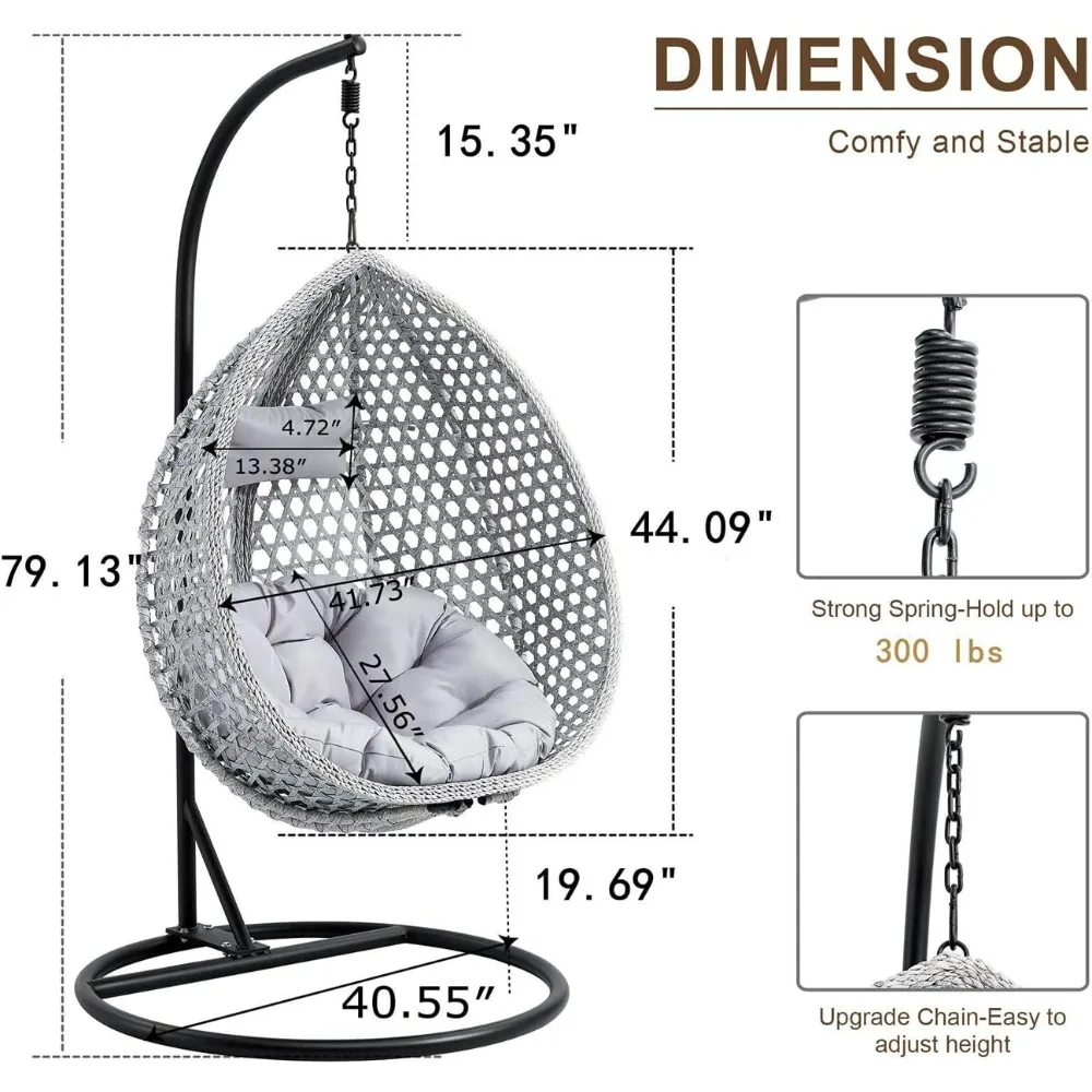 Hanging Egg Chair Outdoor,Rattan Swing Chair with Foldable Basket,Hammock Chairs with Metal Stand,Lounge Chairs