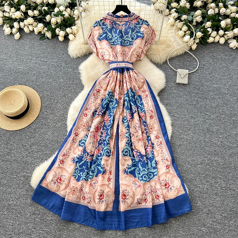 Letnia francuska elegancka sukienka retro dla kobiet 2025 Nowa talia Temperament Garnitur z krótkim rękawem Kołnierzyk z nadrukiem Długa sukienka S06