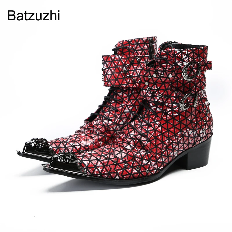 

Batzuzhi Punk Fashion Men's Boots 6.5cm High Heels Red Leather Short Boots Men Lace-up Buckles Iron Toe Party and Wedding Botas