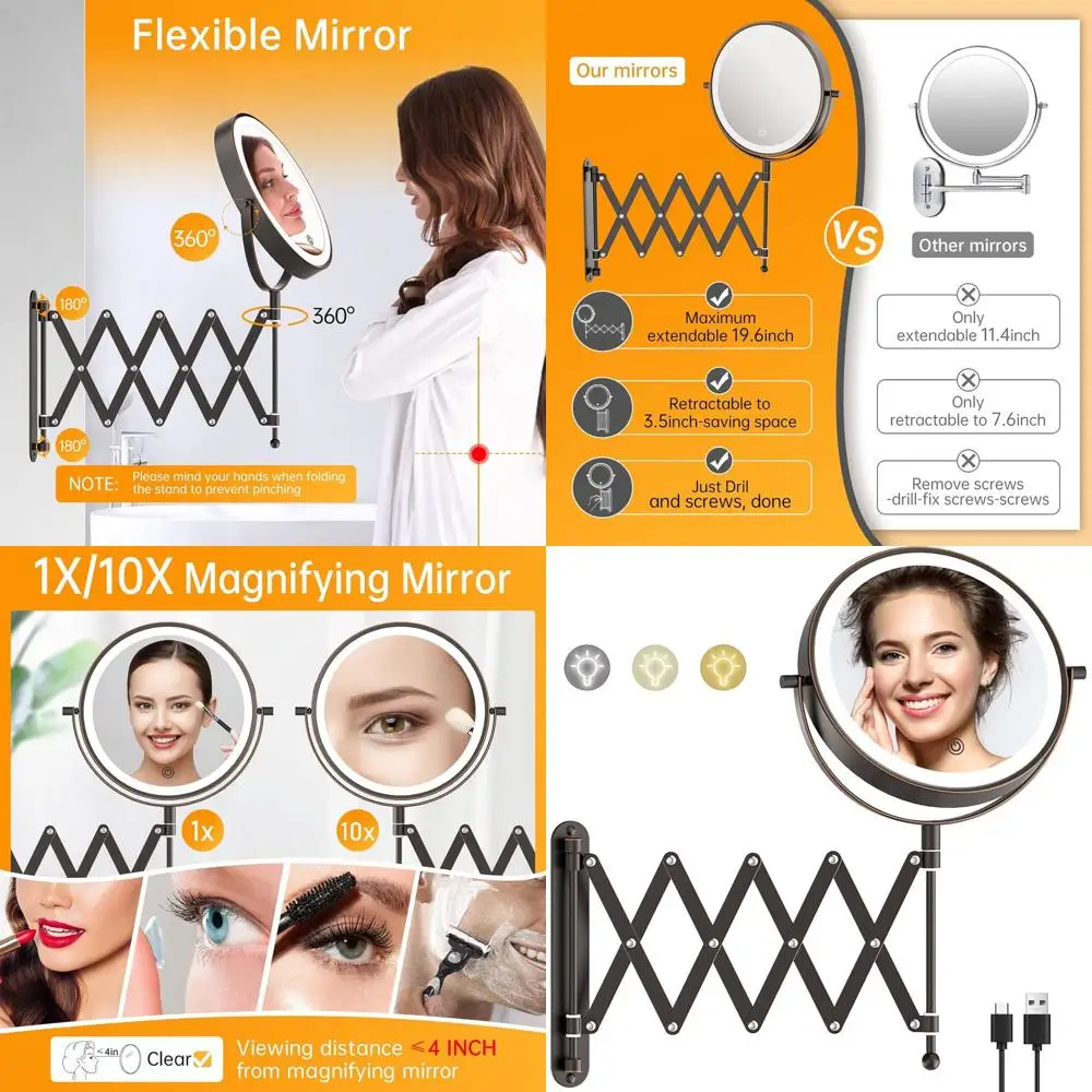 

8 поворотных двусторонних светодиодных зеркал для макияжа, увеличение 1X/10X, 3 режима освещения, выдвижное косметическое зеркало из античной бронзы