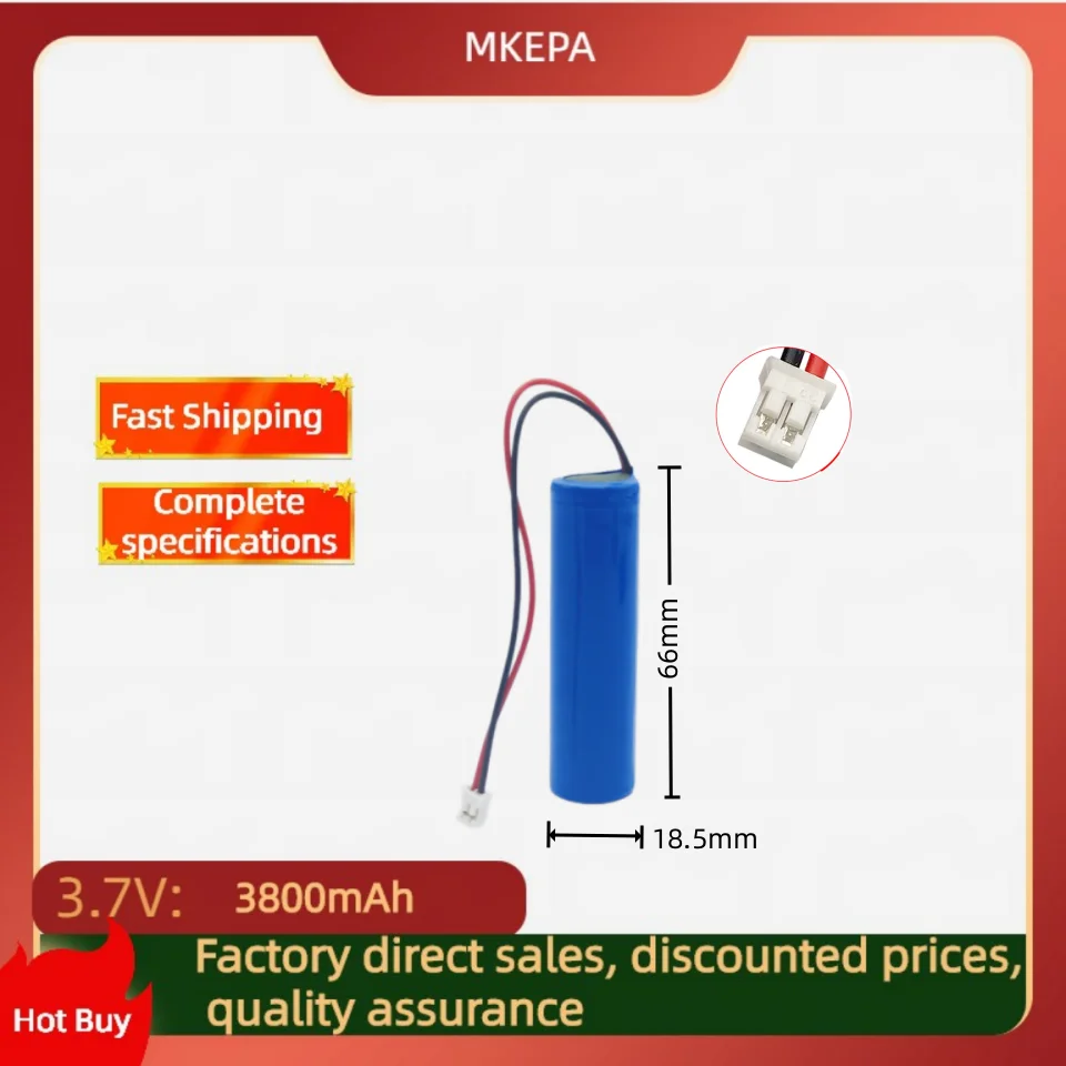 3.7V Li ion rechargeable battery, 3800 MAH, 18650 battery with replacement socket, DIY line for emergency lighting