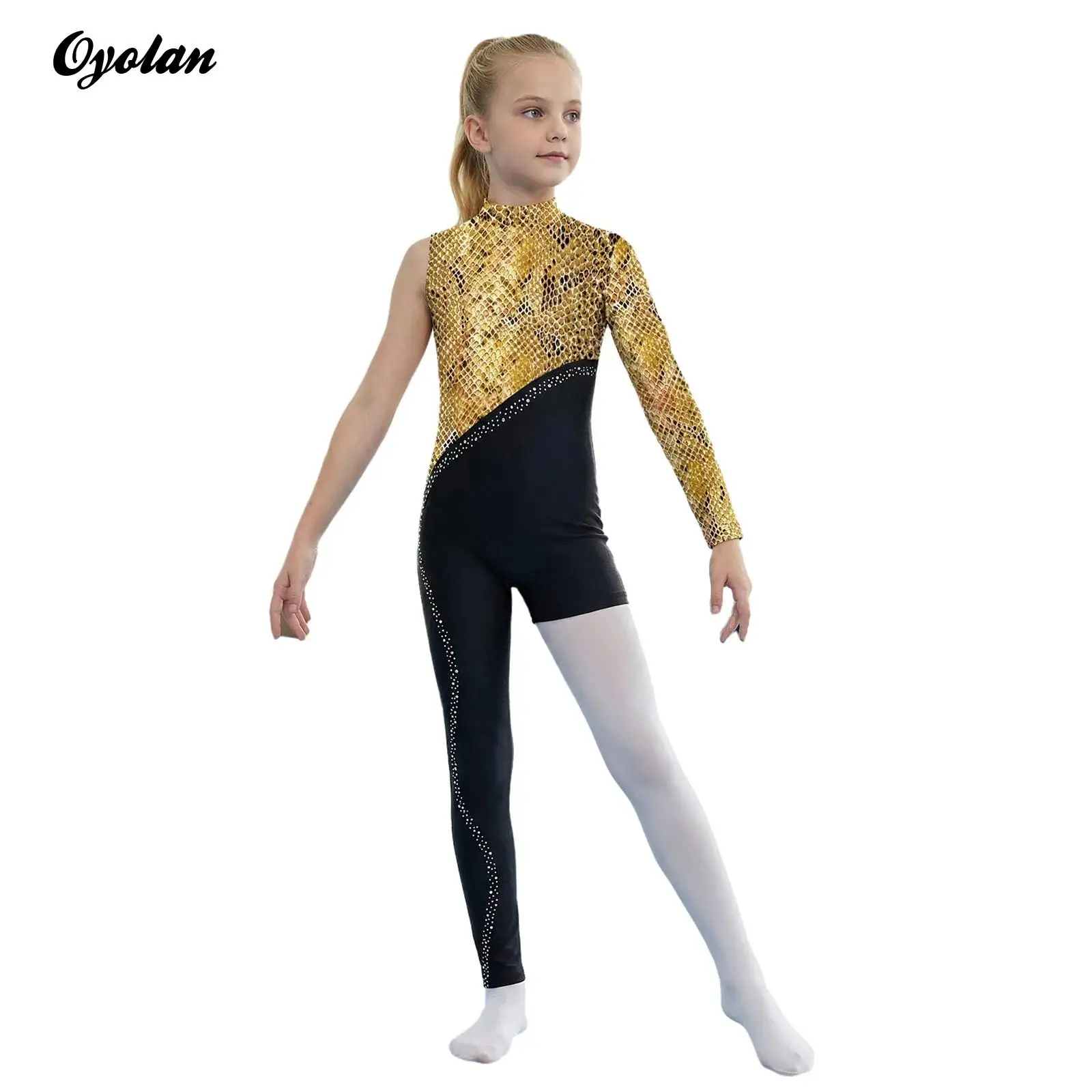 

Kids Girls Sparkly Rhinestone Gymnastics Ballet Jersey Dance Performance Costume Decor Back Zipper Printed Bodysuit Dancewear