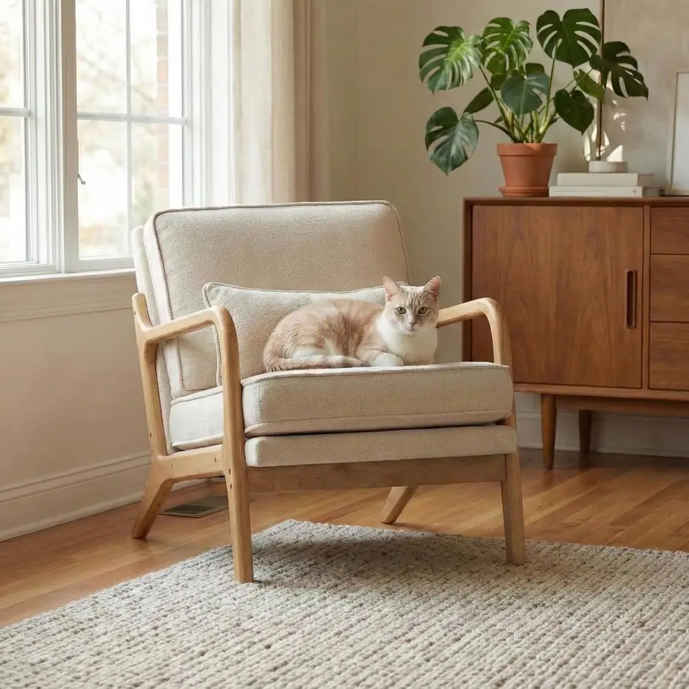 

Мягкое деревянное кресло с поясничной подушкой и съемной подушкой для сиденья, подходит для чтения или для гостиных, бежевого цвета, B