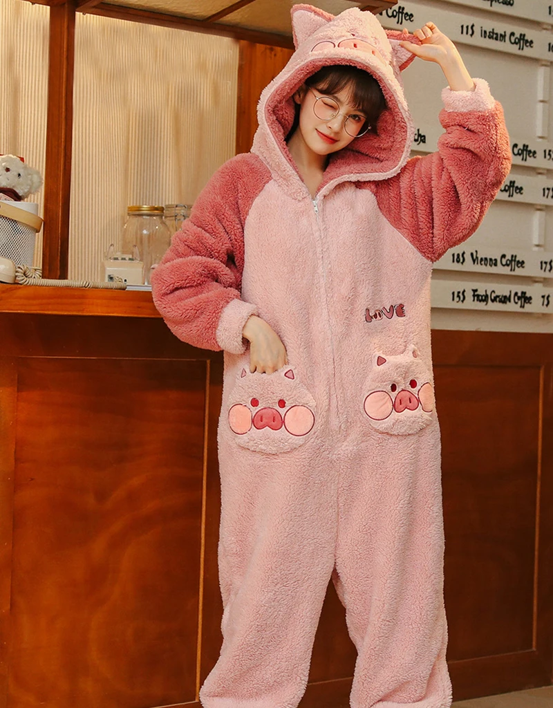 New Zipper Adult Animal Kigurumi Onesies Pink Pig Soft Fleece Pajamas Cartoon Plush Flannel Halloween Cosplay Costumes Jumpsuits