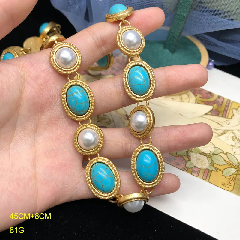 Draweye Turquoise Pearls Necklaces for Women Medieval Palace Style Vintage Jewelry Elegant Geometric Simple Collares Para Mujer