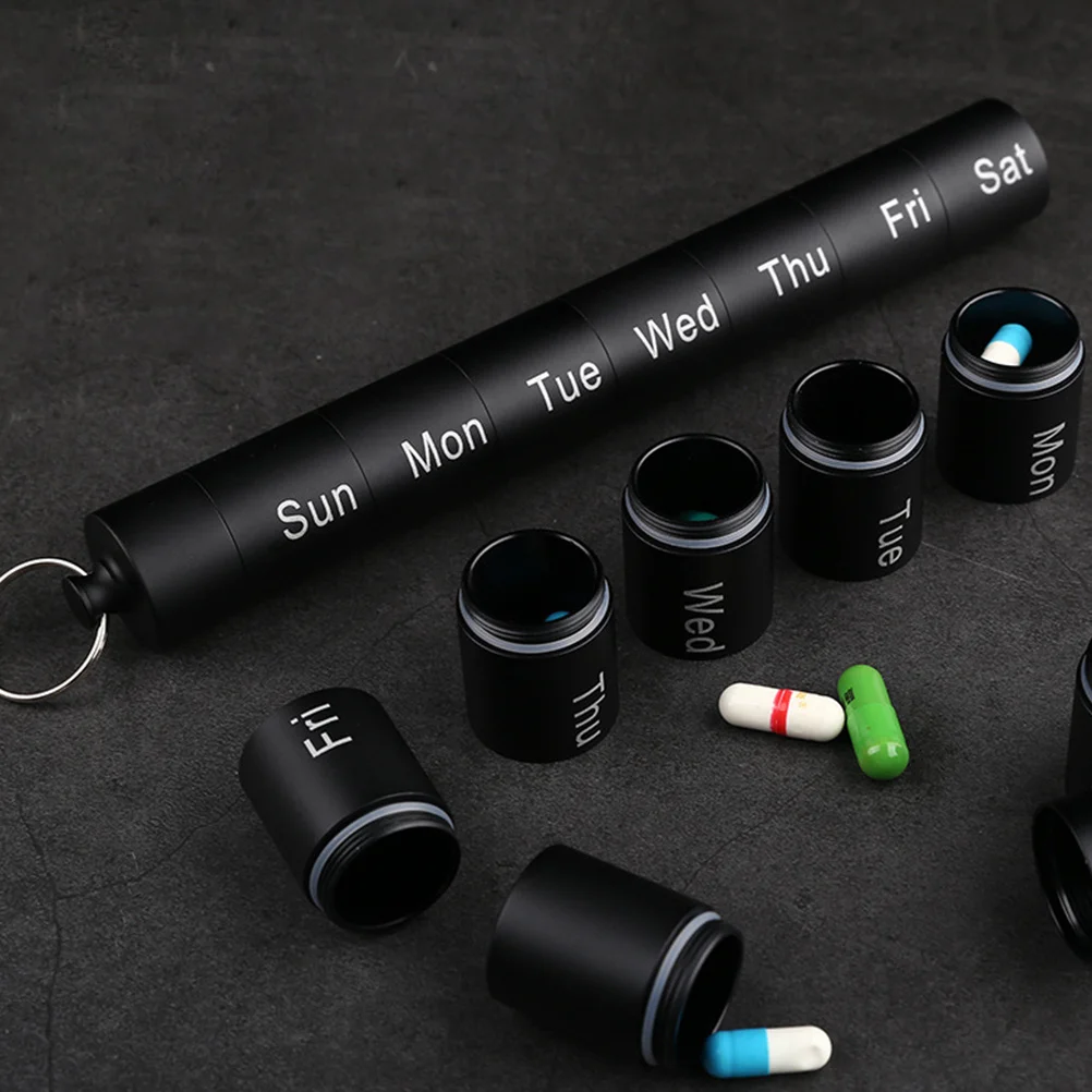 

Водонепроницаемый чехол для таблеток из алюминиевого сплава, 7 отделений, портативный органайзер для лекарств, брелок-держатель для путешествий на открытом воздухе, прочный