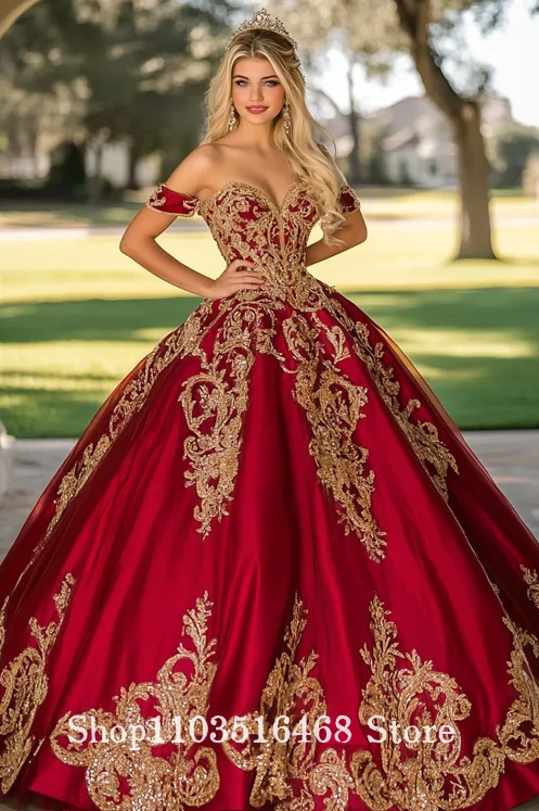 Robe Quinceanera en satin rouge brillant et doré avec corsage brodé appliqué et jupe complète personnalisée