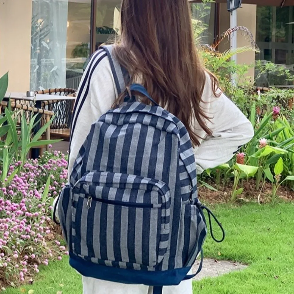 

Korean Style Grey Stripes Backpack Multi-pocket Lightweight Star Printing Backpack Commuting Adjustable Straps