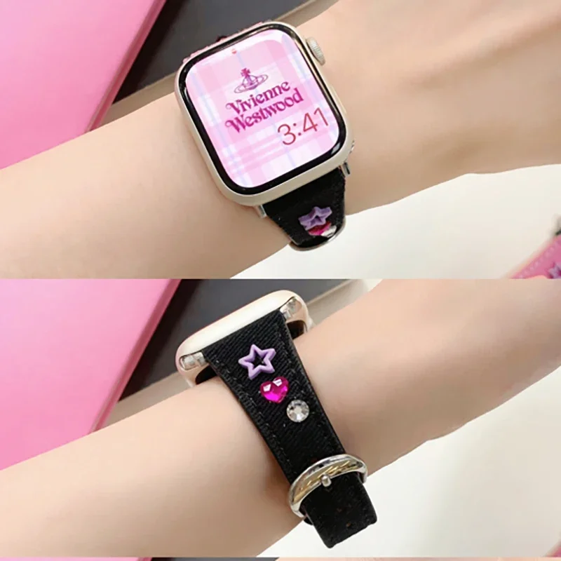 Apple Watch用のクリエイティブなデニムキャンバスストラップ,女性用ブレスレット,iwatchシリーズ7,correa 45mm, 41mm, 44mm, 9mm,8,se,6,5,4,38mm 42mm、49mm