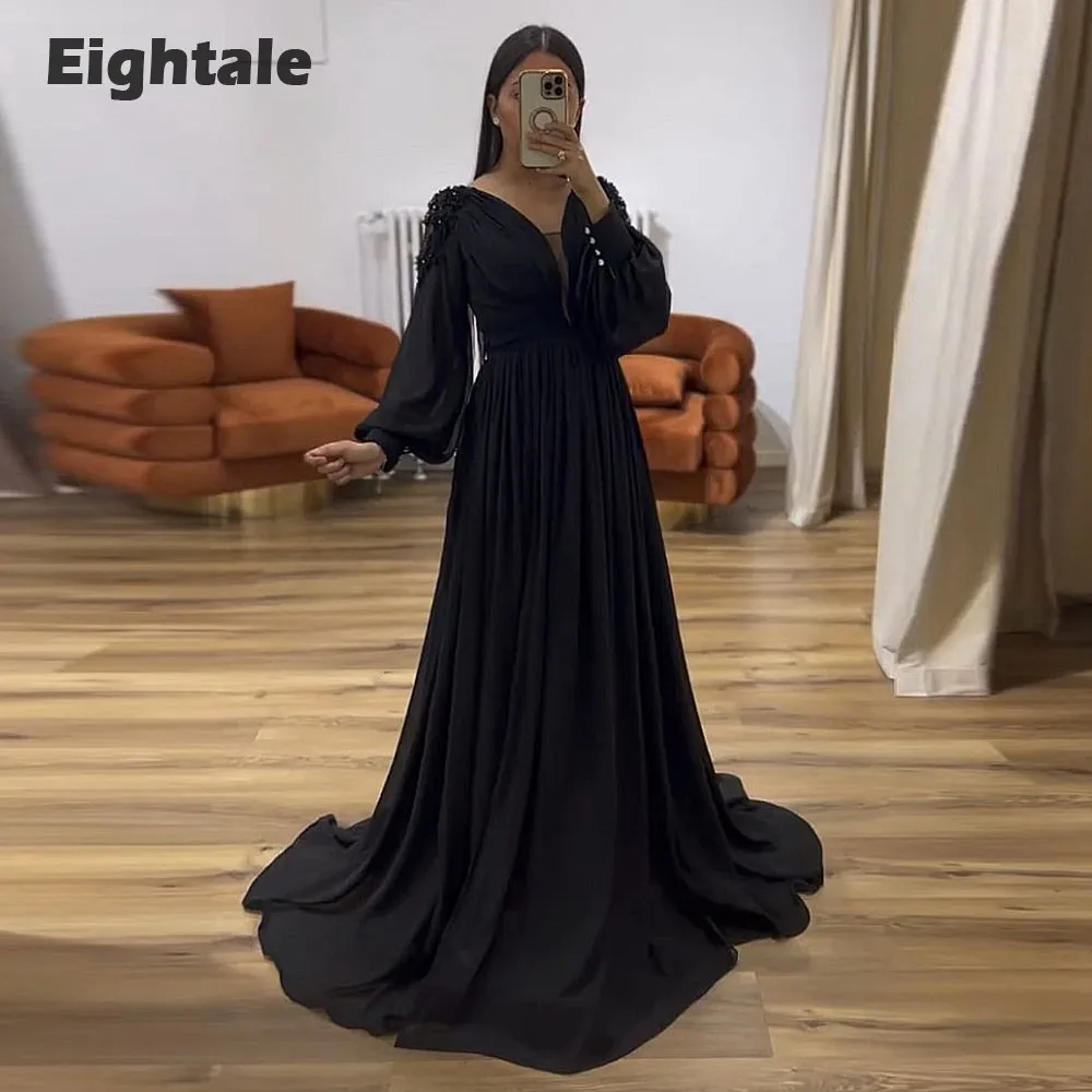 Eightale Arabic Evening Dresses for Wedding Party Long Puffy Sleeves Appliques V-Neck Black Formal Prom Gowns robe femme soirée