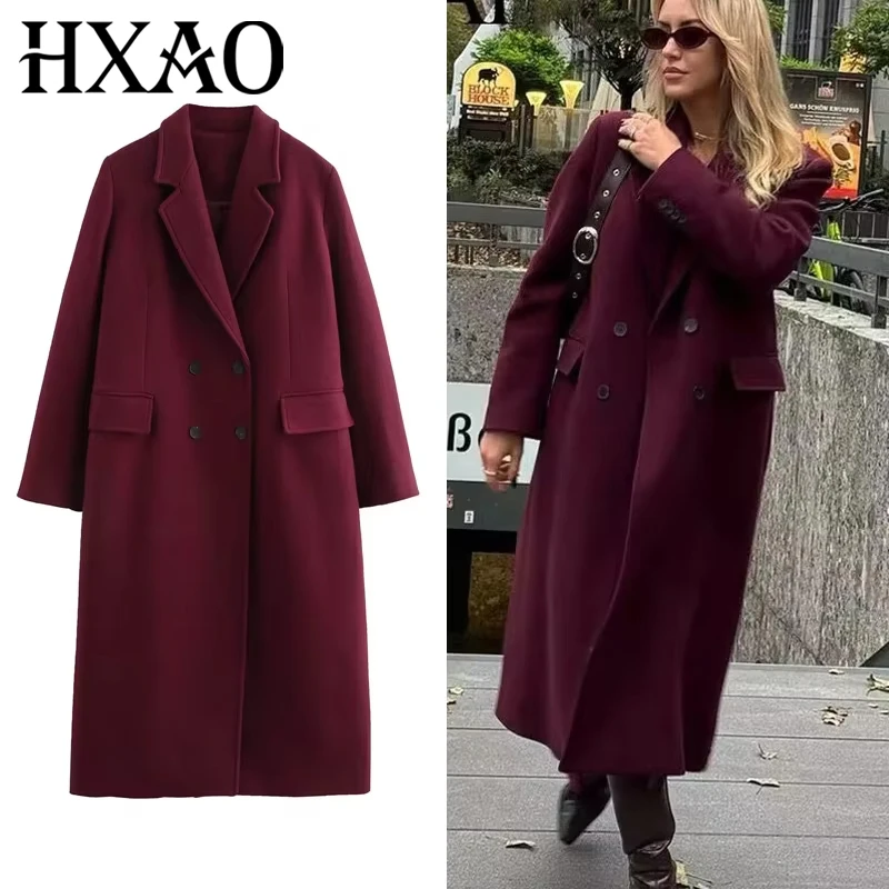 

HXAO Winter Coats For Women Parkas Warm Winter Woman Coat Tweed Long Coat Women Autumn Long Sleeve Double Breasted Burgundy Coat