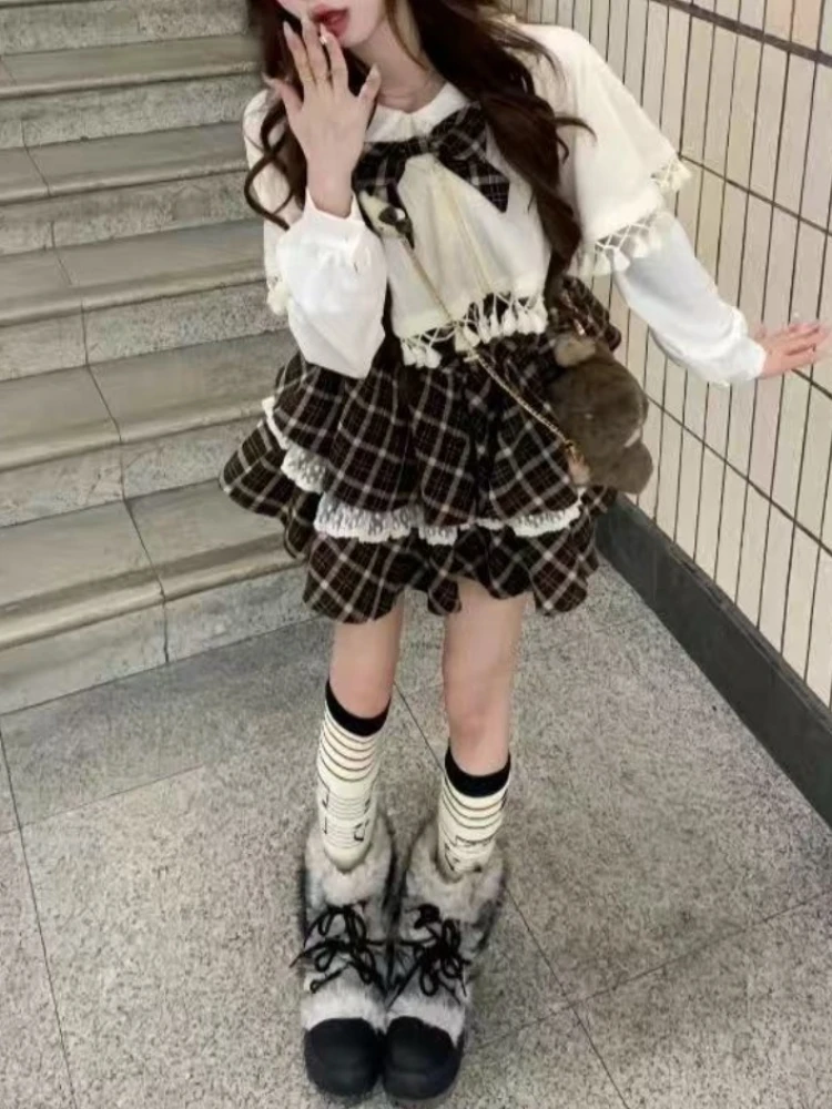 Autumn Sweet Japanese Lovely 2 Piece Set Women Bow Cloak Coat Plaid Stitching Fluffy Dress Harajuku Fashion Fairy Outfits 2025