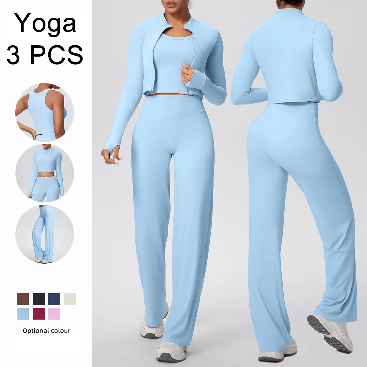 

Solid Color Sports Fitness Clothing Yoga Set Zipper Long Sleeves Yoga Workout Top High Waisted Quick Drying Wide Leg Pants Set