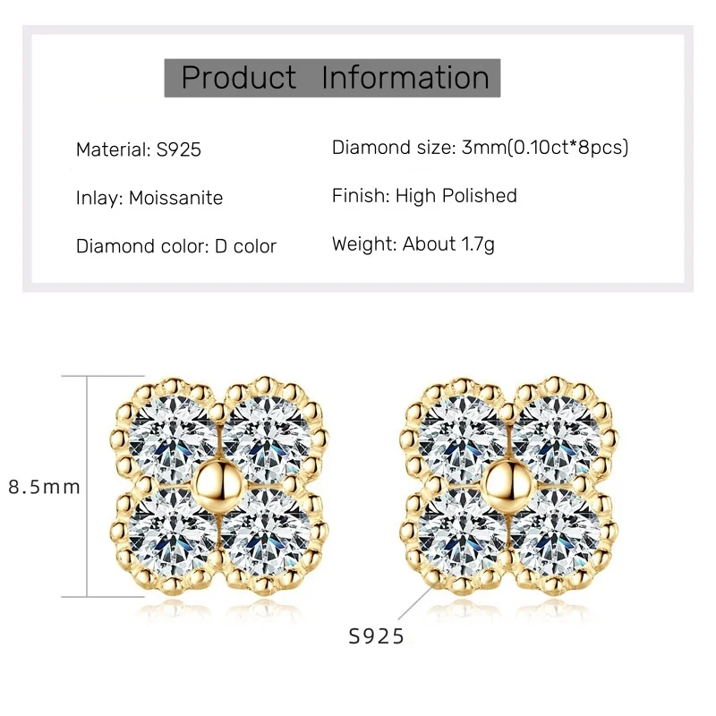 IOGOU 3mm 0.1ct D Moissanite Clover Flower Stud Earrings 925 Sterling Silver for Women Charm Classic Jewelry Lab Diamond 2025