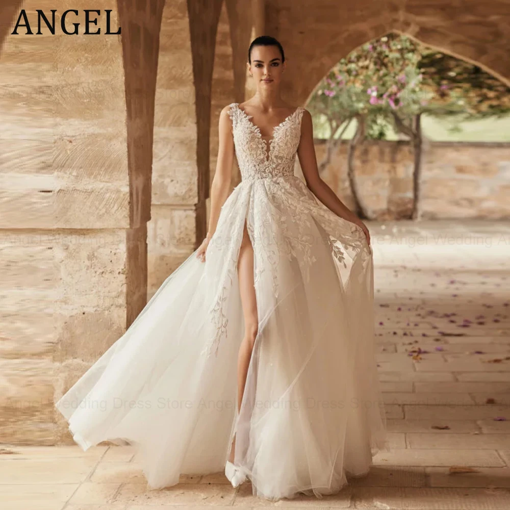 

ANGEL Customized Sexy Boho Wedding Dress 2026 Sleeveless V Neck Lace Appliques Tulle Vestido De Noivas Bridal Gowns for Bride