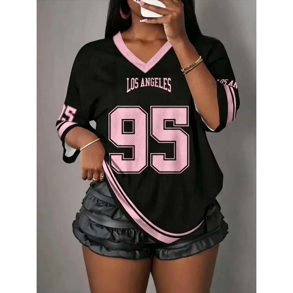 Women Y2K LOS ANGELES 95 Number Graphic Printed V‑Neck T‑shirt Loose Hip Hop Short Sleeve Street Wear Casual Outdoor Sports Tops