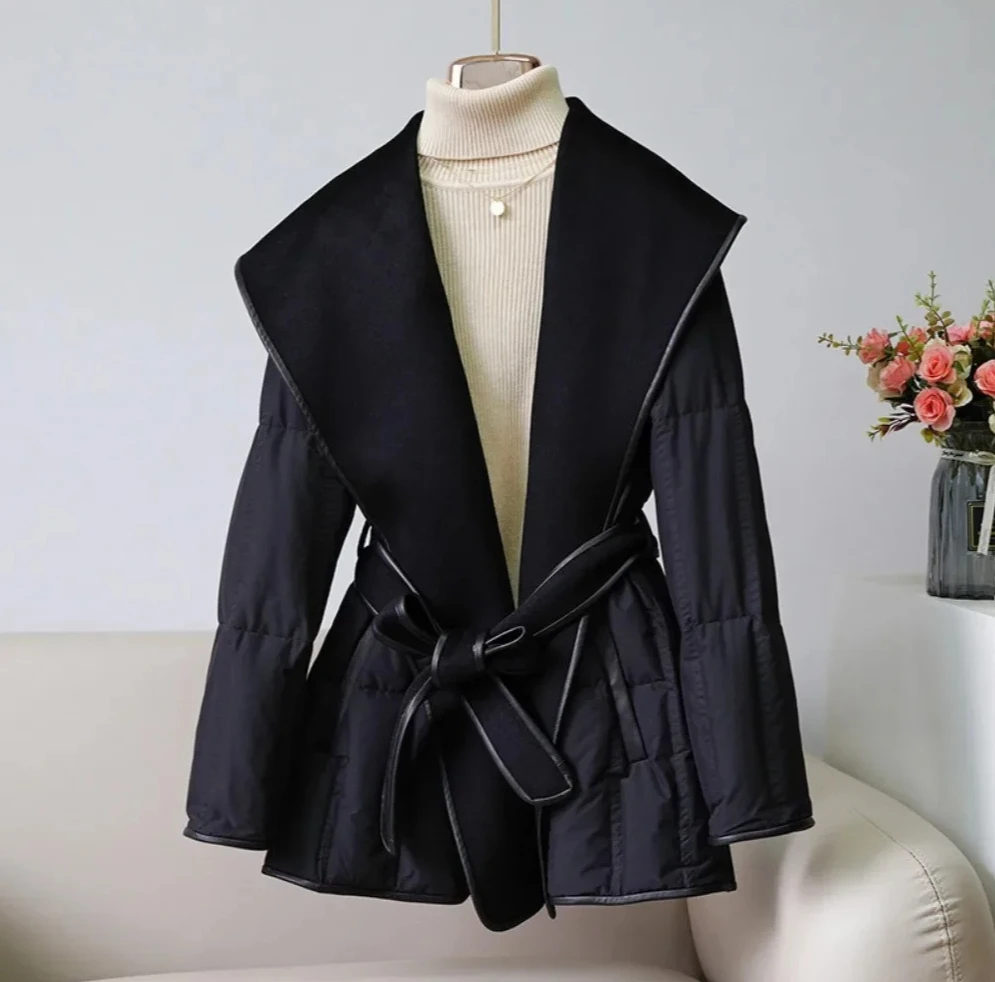 

Lady Wool Cashmere Outerwear Lady Puffer Jacket with Belt European Fashion Warm Down Jackets Women Winter Coats