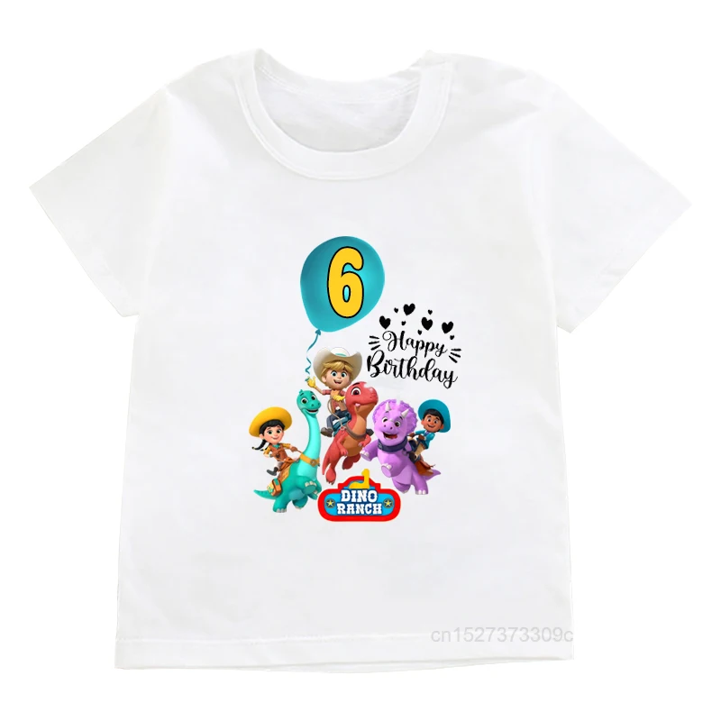 

1-10th Happy Birthday Dino Ranch Print Children’S T-shirts Boys Balloon Numbers Cartoon Summer Clothing Girls Cute DIY Tops