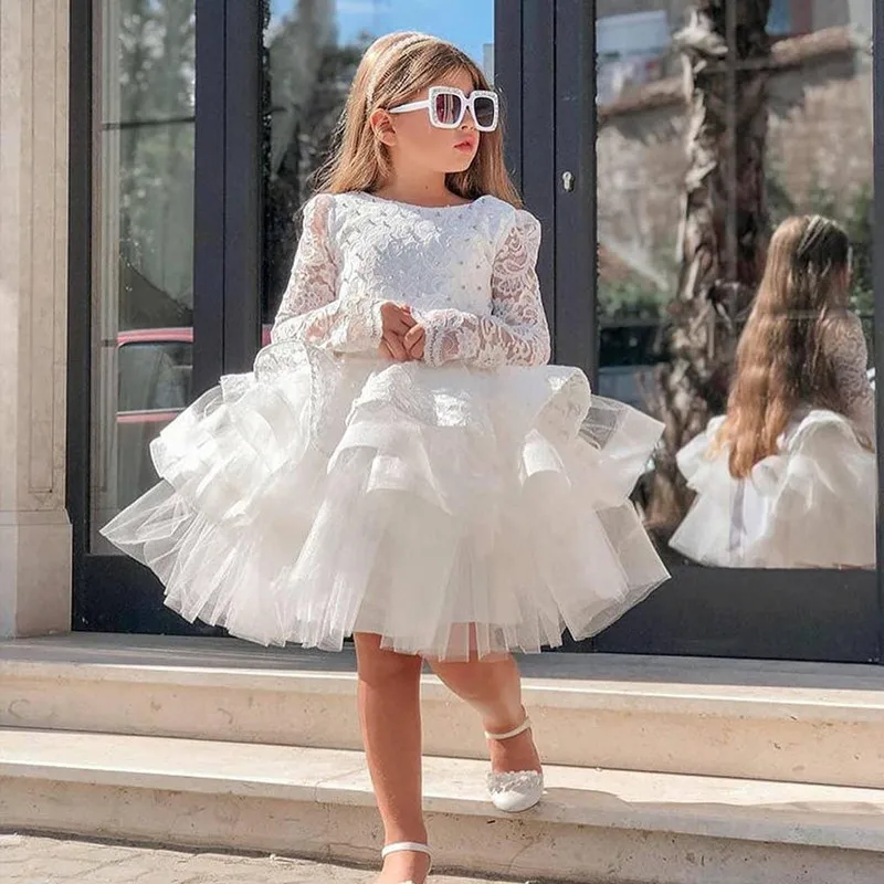 Fashion Scoop Lace Flower Girl Dresses Long Sleeves Kid's Prom Dress A-line Knee Length Ruffles Birthday Party Dance Wear