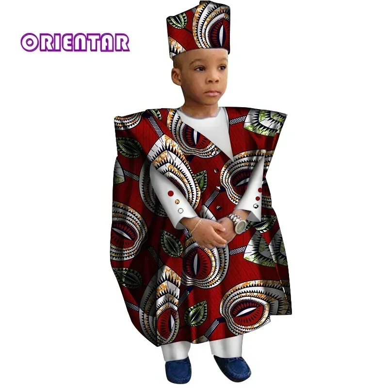 African Clothes with Hat Boy Tops and Pants African Print Clothes for Boys Bazin Riche Dashiki Gown Set WYT200