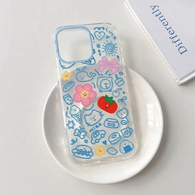 

Cartoon Blue Line Graffiti Tomato Flower Bow Phone Case For IPhone 16 15 14 Pro Max 13 Cute Shockproof Back Protective Cover