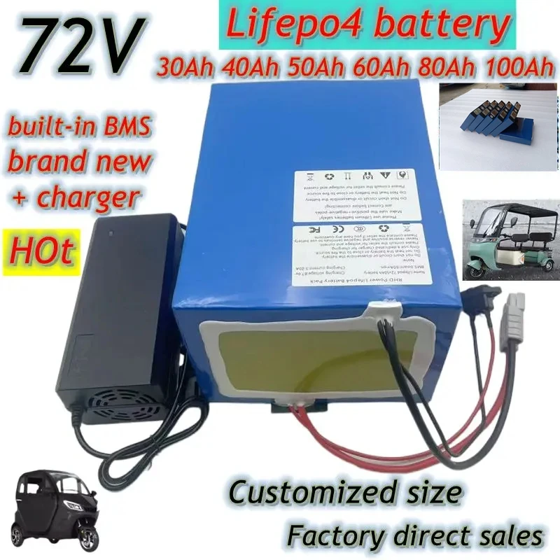 

Batterie au lithium LiFePO4.72V avec charger, , 50Ah, 60Ah, 40Ah, 100Ah, 80Ah, BMS pour scooter, vélo électrique, moto, 3000W