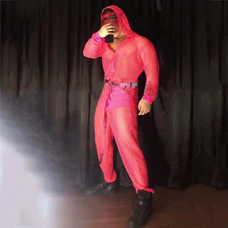 Ropa de baile en barra para hombre musculoso, mono de malla hueca de Color fluorescente, Bar, club nocturno, Ds, fiesta, escenario, disfraz de Gogo, ropa Rave XS1145
